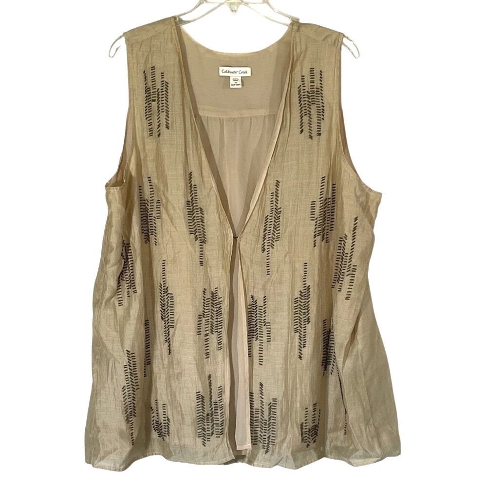 Coldwater Creek Beaded Open Front Sleeveless Vest 1X Tan